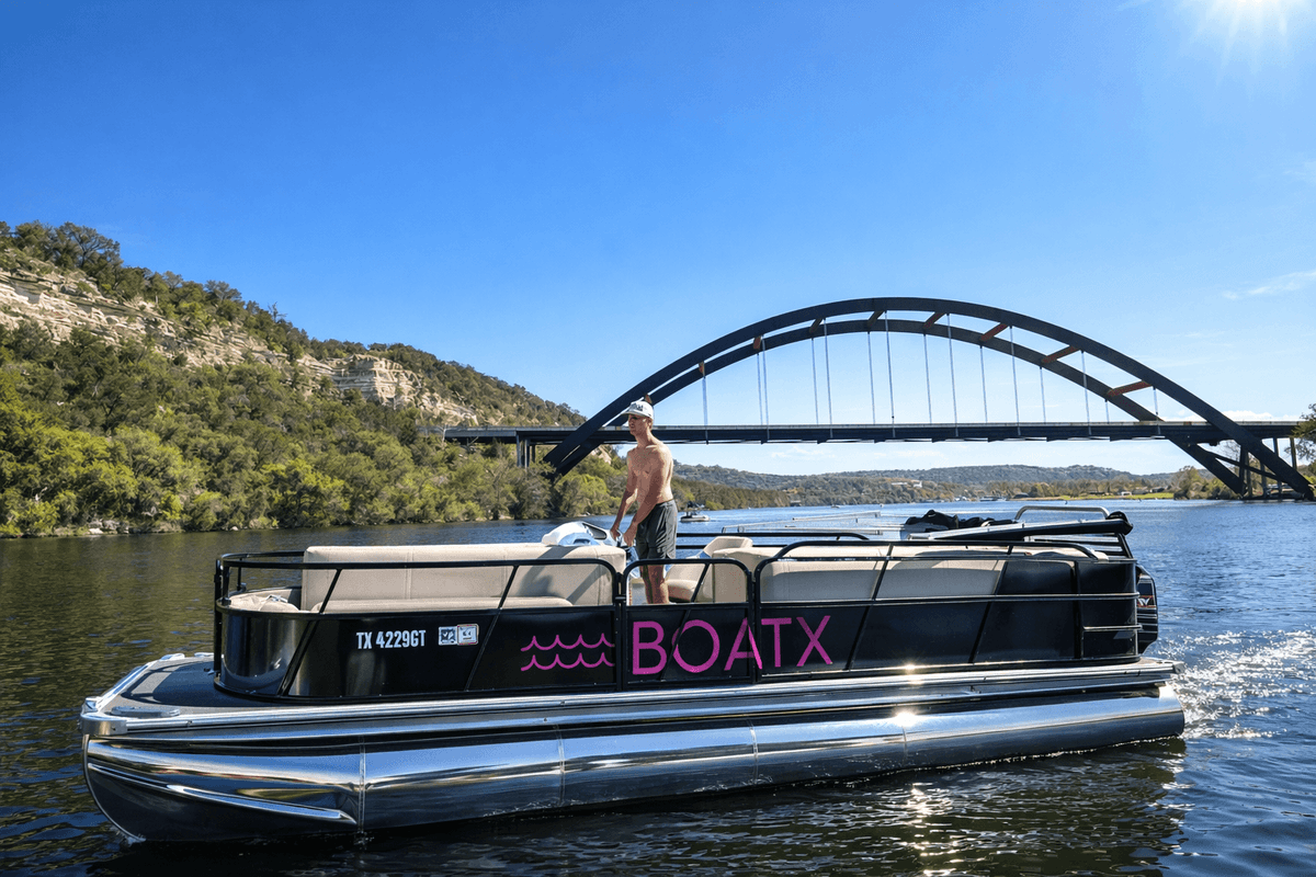 Lake Austin pontoon boat rental Austin Texas BOATX Pennybacker Bridge