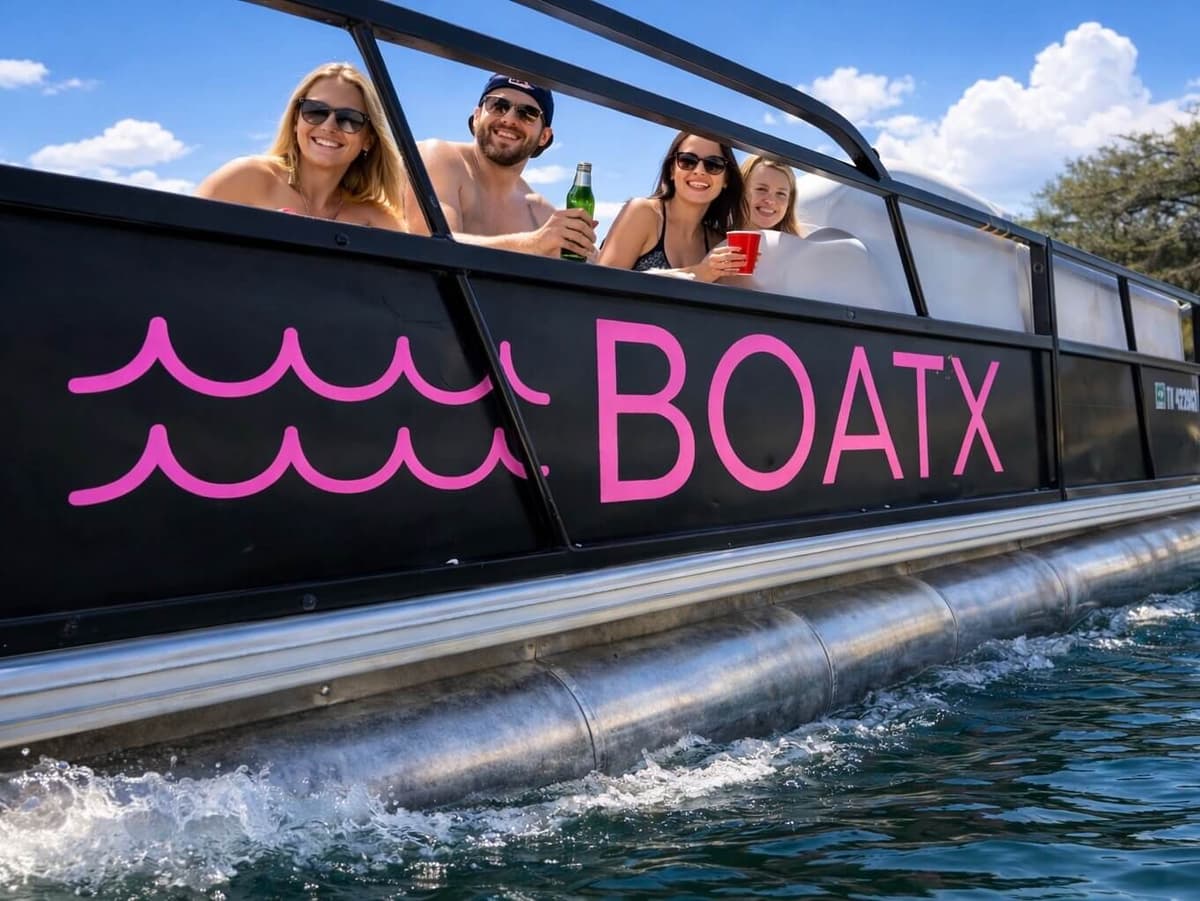 Group enjoying drinks on BOATX branded pontoon boat Lake Austin